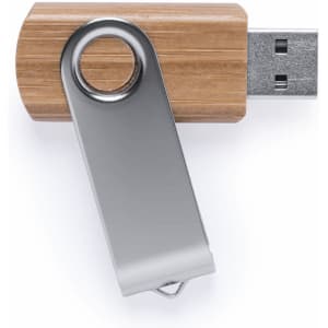 A silver and wooden USB memory drive with a rotating metal cover and a hole for attachment.