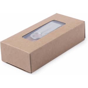 A rectangular brown cardboard box with a clear plastic window, containing a USB memory device.
