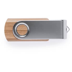 A silver and bamboo USB memory stick with a circular cutout. It features a sleek design and a branding logo.