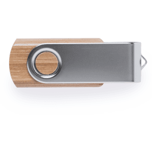 A wooden and metallic USB flash drive with a circular cutout, designed for storage.