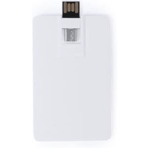 A white USB flash drive with a sliding connector and a branded logo on its surface.