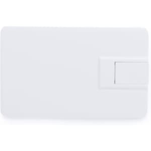 A white USB flash drive with a sleek design and a sliding cover. It features a logo.
