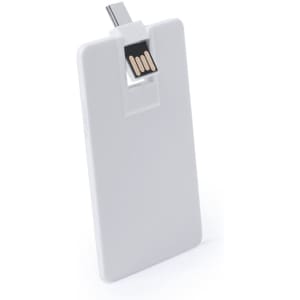 A white USB memory stick with a retractable connector for easy storage. It features a sleek, card-like design.