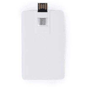 A white USB flash drive with a slim, card-like design featuring a retractable connector and a logo.
