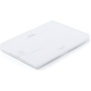 A white USB flash drive with a sleek, rectangular design and a branding logo.