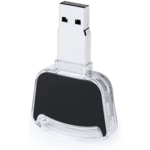 A clear USB memory stick with a black casing, featuring a USB connector at one end and a logo on the surface.