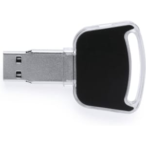 A silver and black USB memory stick with a carry handle and transparent casing. It includes a branding logo.
