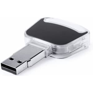 A black and silver 16Gb USB memory flash drive with a transparent casing and a metallic connector.
