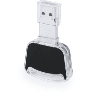 A clear USB flash drive with a black section, featuring a retractable connector and a simple design.
