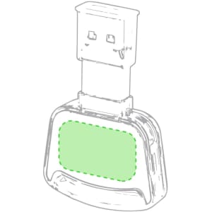 A USB memory flash drive featuring a green rectangular area and a connector at the top. It has a logo.