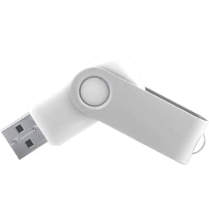 A white swivel USB memory stick with a silver connector, featuring a branding logo.