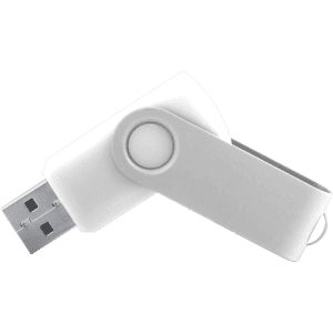 A white 16GB USB memory drive with a rotating cap and a circular indentation, featuring a logo.