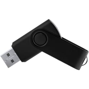 A black Survet 16GB USB memory flash drive with a swivelling design and a small hole for attachment.