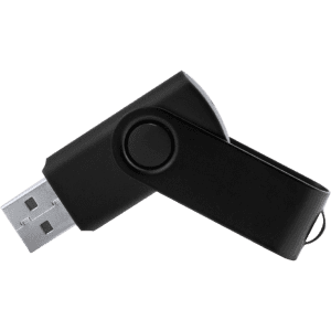A black 16GB USB memory stick with a swivel design and a logo on the surface.