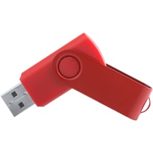 A red USB flash drive with a swivel design, featuring a branding logo. It has 16GB storage capacity.