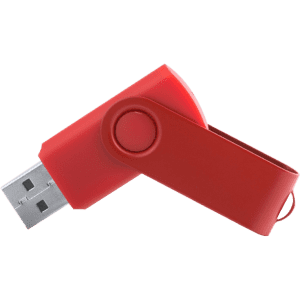 A red USB flash drive with a swivel design and a branding logo.