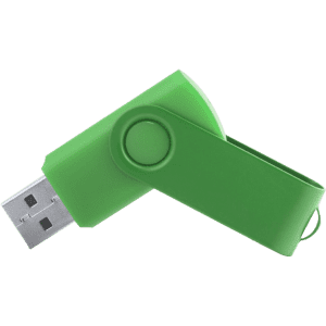 A green 16GB USB flash drive with a swivel design and a logo on the side.