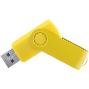 A yellow Survet 16Gb USB memory stick with a swivel design and a logo.