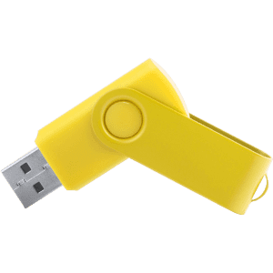 A yellow Survet 16Gb USB memory stick featuring a swivel design and a loop for easy attachment.