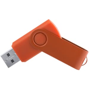 An orange swivel USB memory stick with a silver connector and a branding logo.