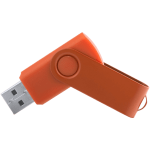 An orange 16GB USB memory stick with a swivel cap and a keyring attachment.