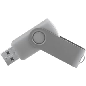 A grey USB memory stick with a swivelling cap and a keyring attachment. Features a branding logo.