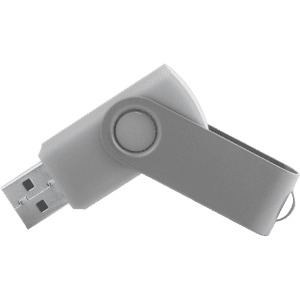 A grey Survet 16Gb USB memory drive with a swivel design and a metal keyring attachment.