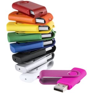 A stack of colourful USB memory sticks including pink, red, orange, yellow, green, blue, black, white, and grey.