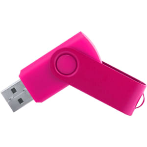 A pink USB memory drive with a swivel design and a logo on the side.
