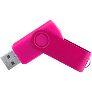A pink USB memory stick with a swivel design, featuring a branding logo. Suitable for storage needs.