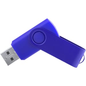 A purple USB memory drive with a swivel design and a logo. It has a storage capacity of 16GB.