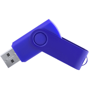 A blue swivel USB memory drive with a push-button mechanism and a keyring loop.