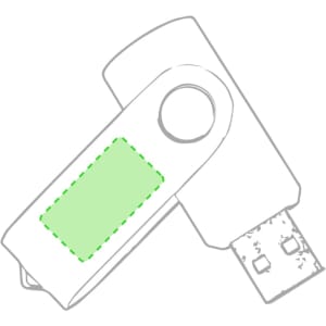 A white USB memory stick with a green rectangular area and a swivel design. It features a branding logo.