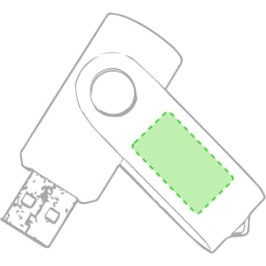 A green and silver USB memory stick with a swivel design and a branding logo.