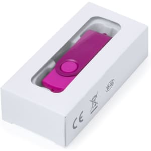 A pink 16GB USB flash drive in a white packaging box with a clear window. It features a logo on the drive.