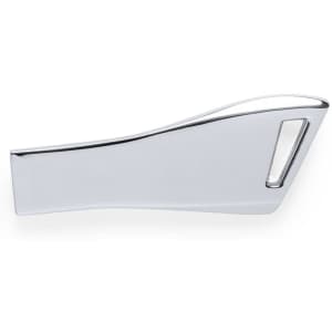 A sleek chrome USB flash drive with a curved design and a cut-out handle for easy grip.
