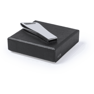 A sleek black USB memory drive with a metallic clip, presented in a black box.