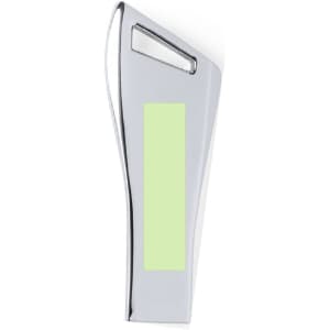 A sleek silver USB flash drive with a green area, featuring a stylised design and a branding logo.
