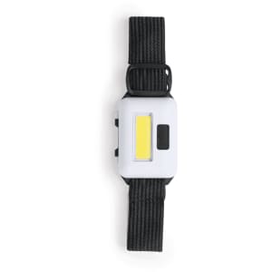 A portable, white Vilox Torch with a black strap and a bright yellow LED light. It features a single button for operation.