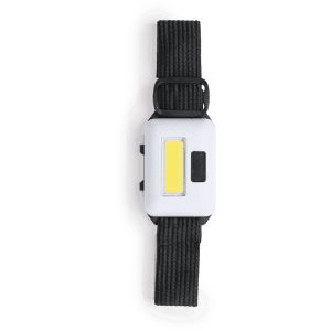 A portable torch featuring a sleek silver body with a yellow LED panel and a black strap. It includes branding.