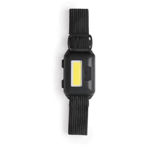 A black torch with a yellow light panel, featuring a strap for easy carrying. Includes a logo.