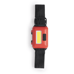 A red Vilox torch with a rectangular light section and a black adjustable strap. It has a logo on the side.
