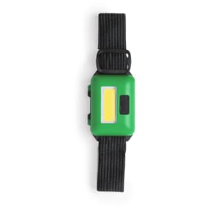 A green Vilox Torch with a rectangular light and adjustable black strap. It features a logo on the side.