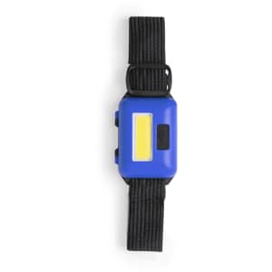 A blue Vilox Torch with a yellow light, attached to a black adjustable strap. The product has a logo.