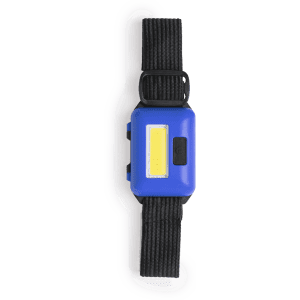 A blue torch with a black strap, featuring a rectangular light panel and a button. It has a logo on the side.