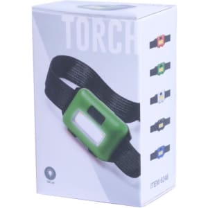 A green torch in a box featuring multiple colour variations and a logo, designed for keyrings and tools.