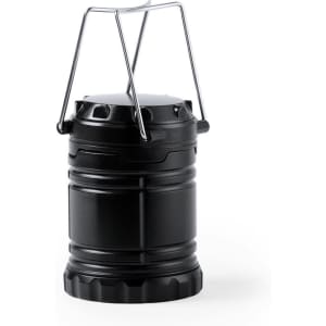 A black portable lamp with a handle, designed for outdoor leisure activities. It features a compact, cylindrical shape.