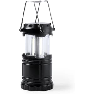 A black outdoor lamp featuring a clear casing and a metal handle, designed for leisure and outdoors use.