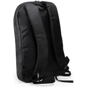 A black backpack with padded straps and a sleek design, featuring a logo on the front.
