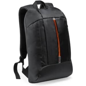 A black backpack featuring an orange zipper detail and padded straps, designed for comfort and style.